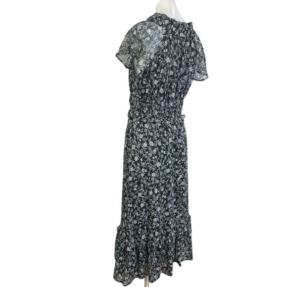 Old Navy Black Floral Ruffle Flutter Sleeve V Neck Tiered A Line Midi Dress Sz M - Picture 2 of 5